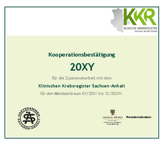 Eine Vorlage für eine Kooperationsbestätigung mit dem Klinischen Krebsregister Sachsen-Anhalt. Jahr und Meldezeitraum wurden durch einen Platzhalter ersetzt. Zu sehen sind das Logo vom KKR, der Ärztekammer Sachsen-Anhalt und des Landes Sachsen-Anhalt.